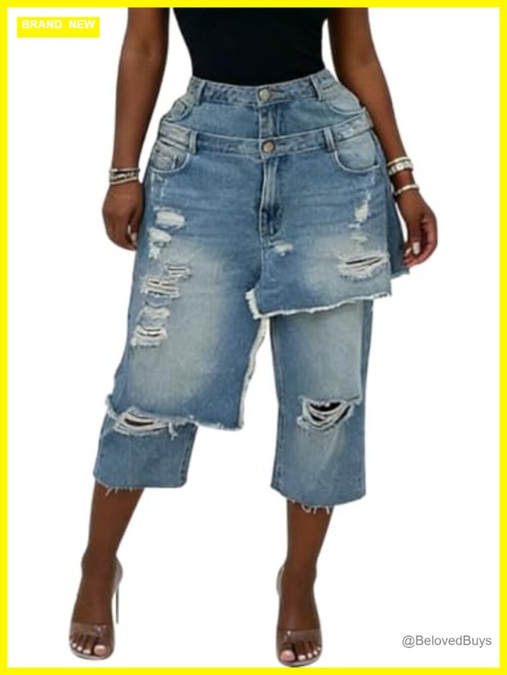 Women's Ripped Wide Leg High Waisted Denim Capri Jeans
